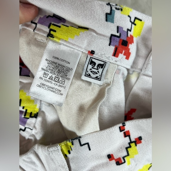 Obey Women’s Size 27 White Carpenter Cotton Pants with 8-Bit Floral Print Bug - Picture 8 of 13